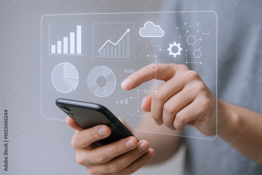 Aufkleber digital data analysis on transparent screen: businessman using smartphone for business intelligence 