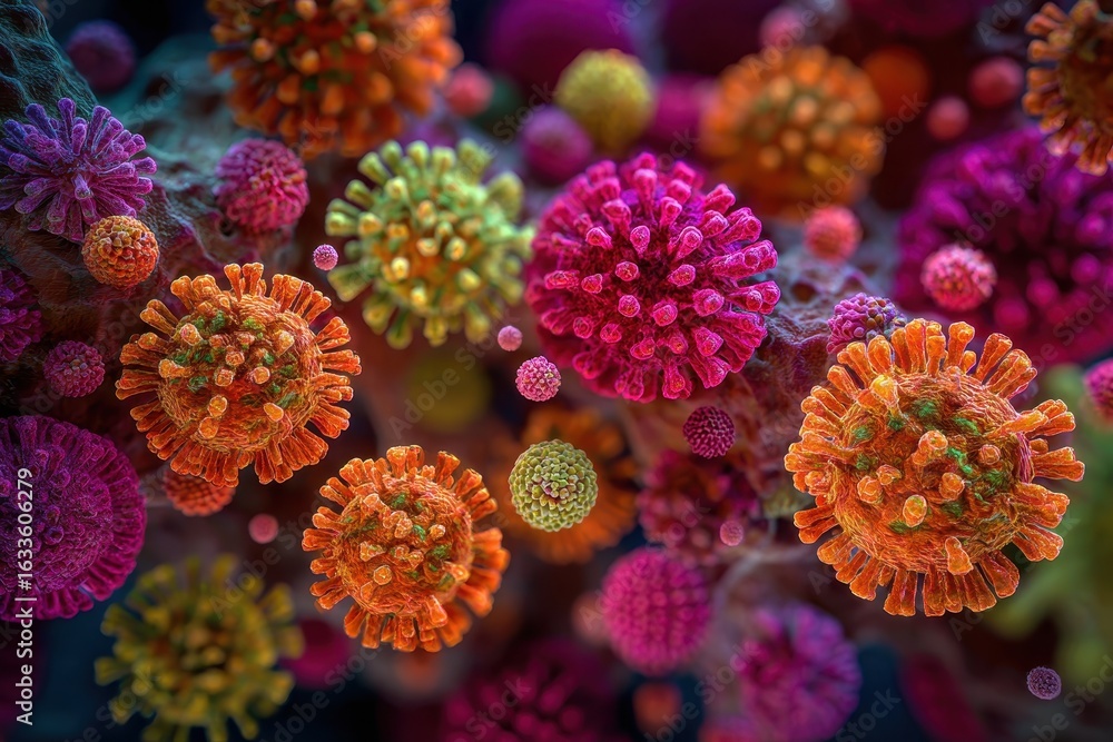 Poster vibrant virus particles under a microscope captured in a colorful display illustrating their diverse