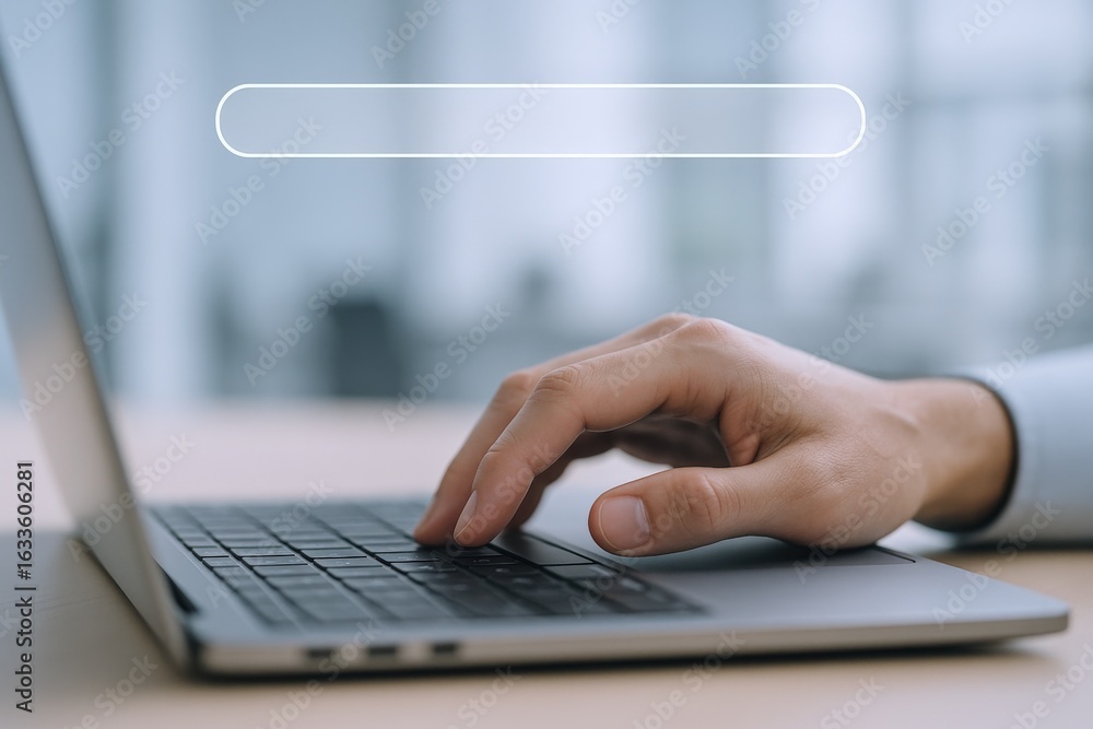 Aufkleber typing on laptop keyboard: business professional using computer for online search and communication