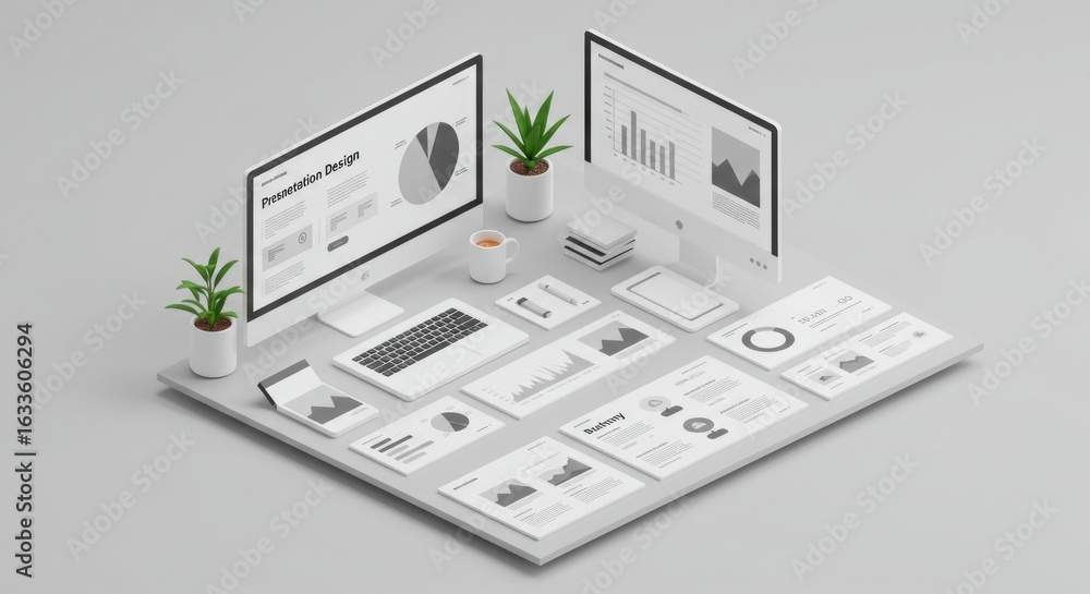 Poster isometric workstation setup showcasing presentation design and data analysis mockups