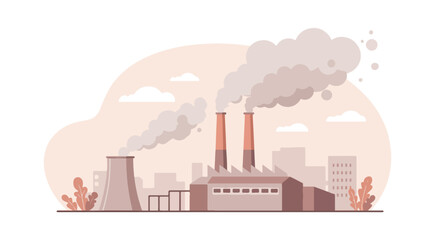 Cartoon factory spewing smoke with cityscape backdrop in a muted color scheme