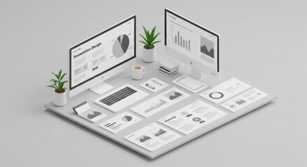 Obraz premium Isometric workstation setup showcasing presentation design and data analysis mockups