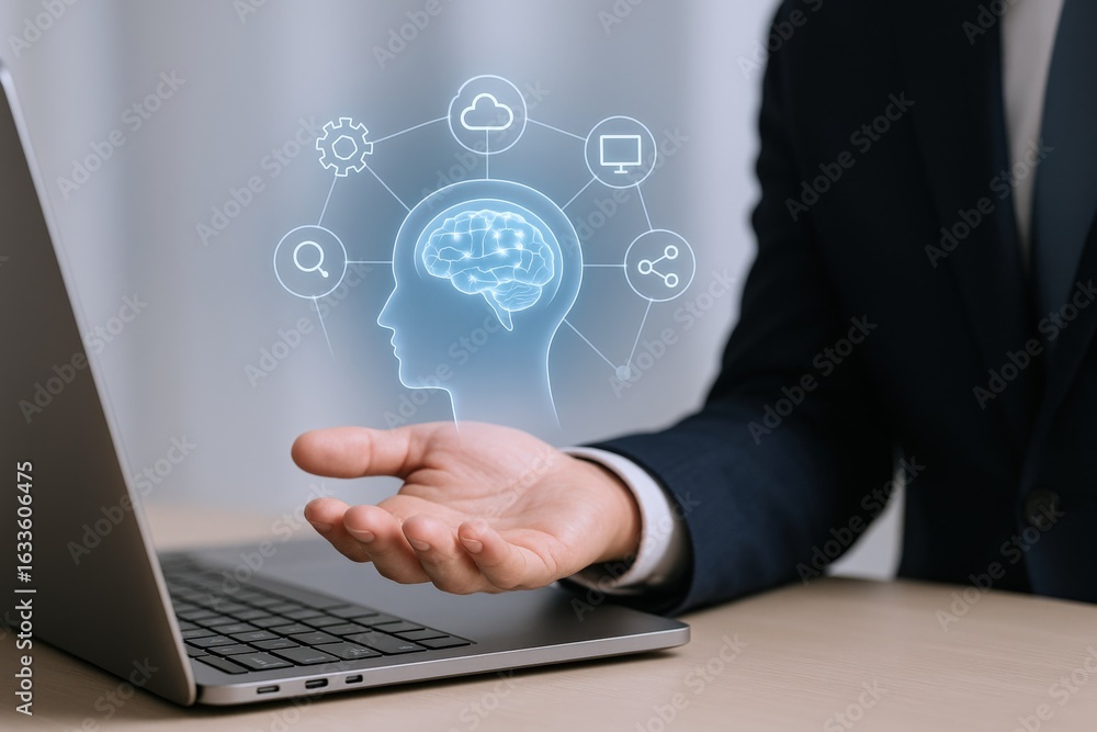 Poster brain technology concept with businessman's hand, artificial intelligence, neural network and data a