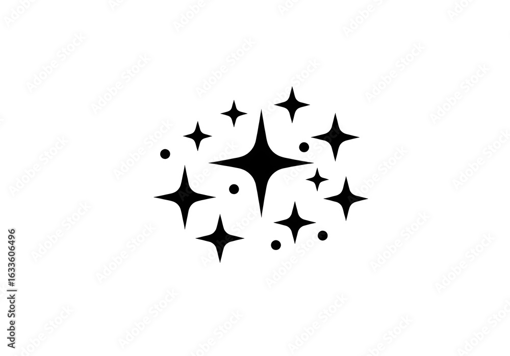 Poster a cluster of black stars and small circles scattered on a white background in a simple design