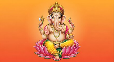 Fototapeta premium Ganesha sitting on a lotus flower with an orange background in a full shot detailed composition