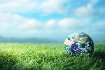 Earth globe on vibrant green grass, clear sky