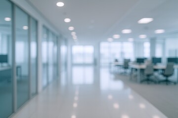 Blurred Modern Office Interior with Glass Walls and Clean Design, Ideal for Backgrounds