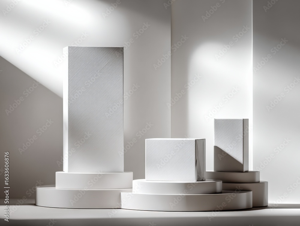 Poster minimalist white geometric product display platforms in studio with soft lighting for product showca