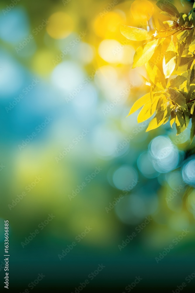 Poster sunlit foliage canopy: abstract nature scene with defocused background for serene and refreshing vis
