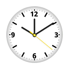 Simple Modern Clock Face:  Black and White Design with Yellow Second Hand, Minimalist Timepiece.