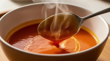 A steaming bowl of soup served on a cozy dining table. - Powered by Adobe