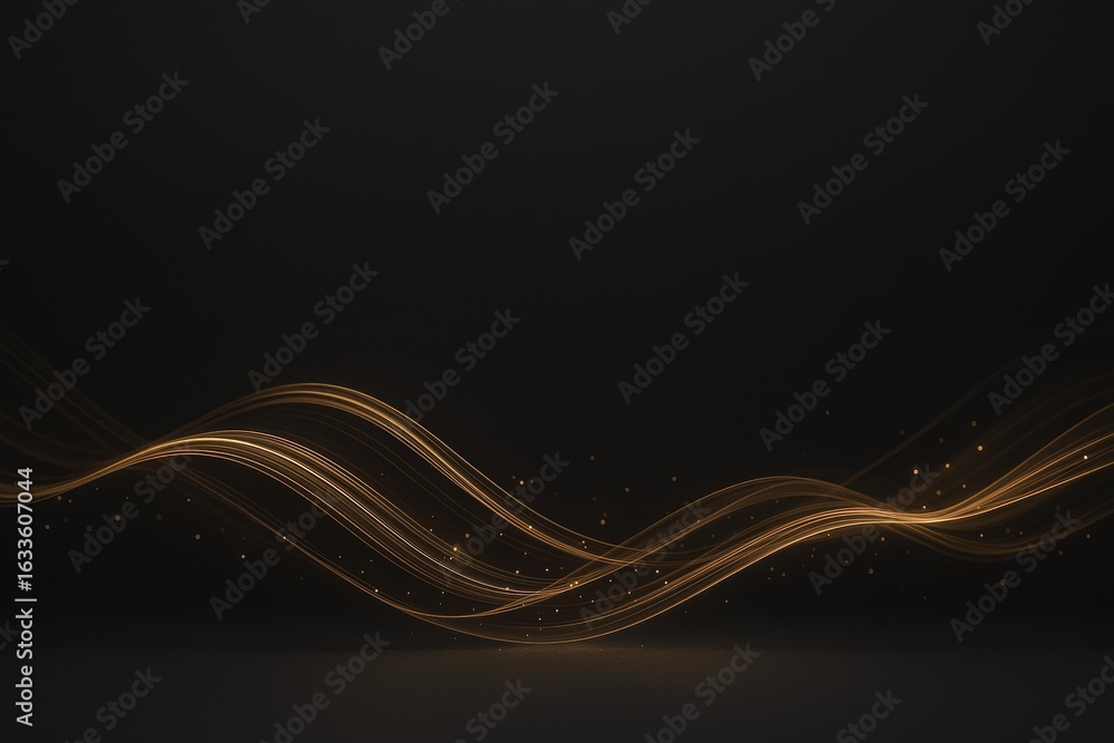 Poster abstract golden light trails on dark background, elegant wavy lines with bokeh sparkles for backdrop