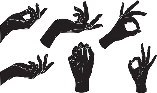 Set of hand silhouettes in various gestures on white background