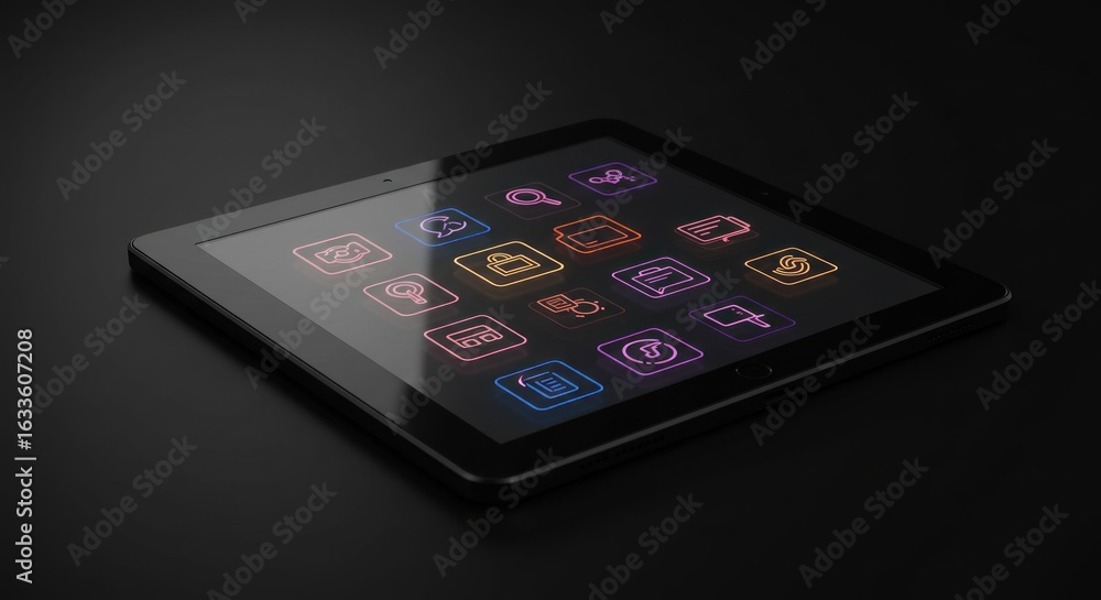 Poster sleek tablet displaying neon icons on a dark surface with glossy screen reflection
