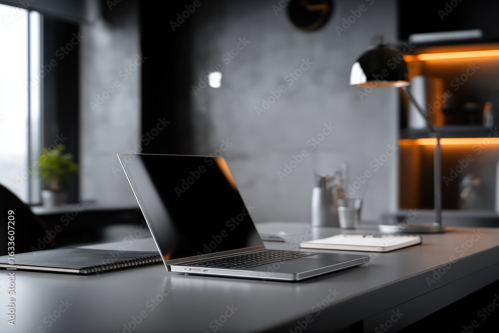 Poster modern office setup with laptop, notebook, and desk lamp in a stylish workspace environment