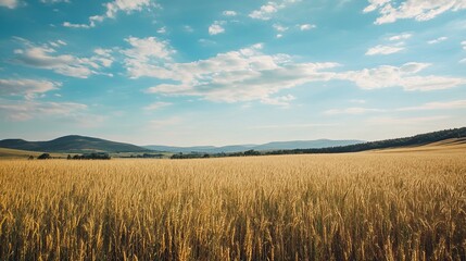 Golden wheat field stretches to distant hills under a vast blue sky