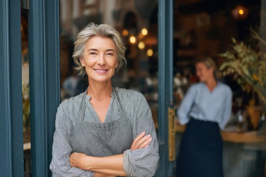 Smiling woman in an apron standing confidently at the entrance of a cozy cafe smiling warmly at customers during a bright afternoon - Powered by Adobe
