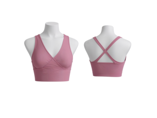 Stylish pink crop top sports bra showcasing front and criss cross back designs on mannequins