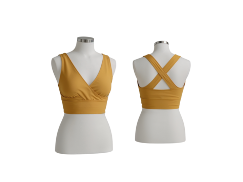 Elegant mustard-colored crop top with criss-cross back on mannequin against isolated transparent