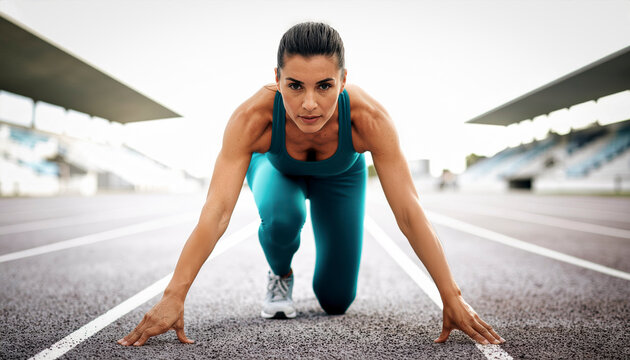 Atleta profesional en posici&oacute;n de partida sobre pista lista para correr con m&aacute;xima concentraci&oacute;n