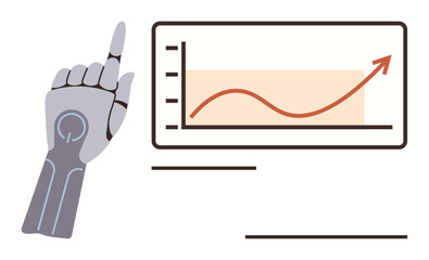 Robotic hand pointing at upward trend graph representing growth, innovation, and automation. Ideal for technology, AI progress, business success, data analysis, advancement, future trends simple