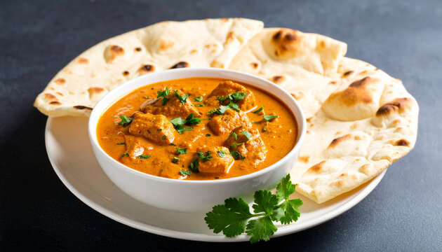 Nan bread with butter chicken curry and coriander on a black table