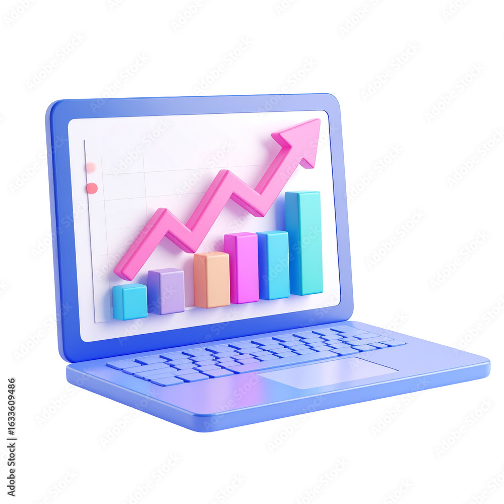 Poster laptop displaying a vibrant growth chart with an upward trend and colorful bar graph elements