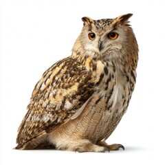 Naklejka premium A captivating portrait of a majestic owl with piercing eyes, observing attentively. The owl showcases a blend of intricate details in its feathers