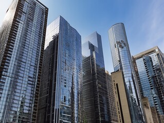 Skyscrapers with glass exteriors dominate the cityscape, reaching towards a clear, bright sky