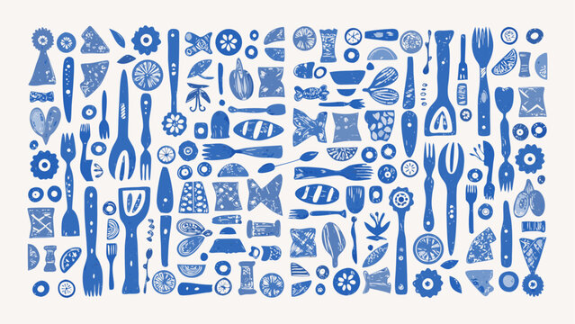 Blue kitchen utensils and food items arranged in a pattern on a white background design image