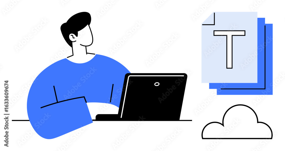 Poster person using a laptop, digital documents next to a cloud icon. ideal for technology, remote work, cl