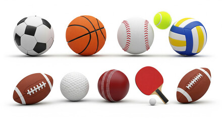Assortment of various sport balls including soccer basketball baseball and football on white background