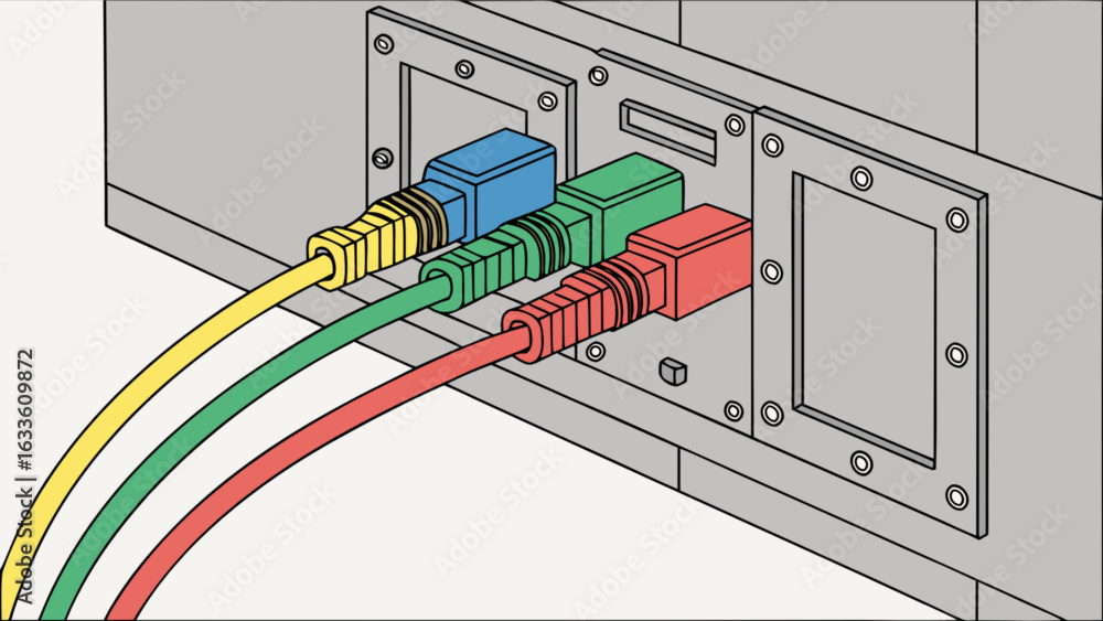 Aufkleber fiber optic cables connected to a server patch panel for network communication and data transmission