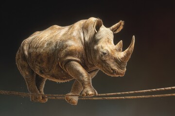 Rhinoceros showcases incredible balance on tightrope during performance at an animal exhibition in a vibrant outdoor setting
