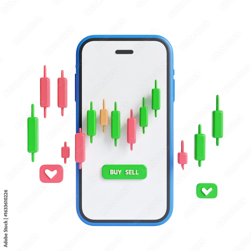 Poster digital trading platform showing a financial chart with buy and sell options available.