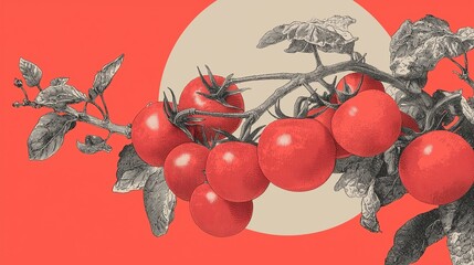 Vintage Red Tomatoes on the Vine: Botanical Illustration,  Farm Fresh Produce,  Summer Harvest Design