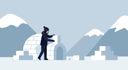 Obraz premium Person builds igloo against snowy mountains, flat colors