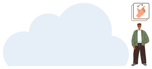 Man standing next to a large blue cloud and icon featuring hand with arrow for swipe motion. Ideal for technology, internet, storage, cloud computing, navigation, communication, user interface