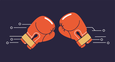 Two orange boxing gloves facing each other, lines with circles on dark blue