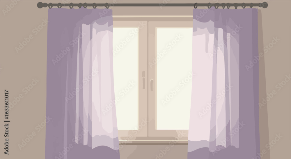 Poster window with light filtering curtains on a simple rod with wall background