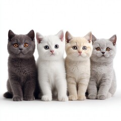 Obraz premium Four adorable kittens of varying colors are lined up in a row, gazing directly at the camera, their soft fur and innocent eyes create an irresistible scene