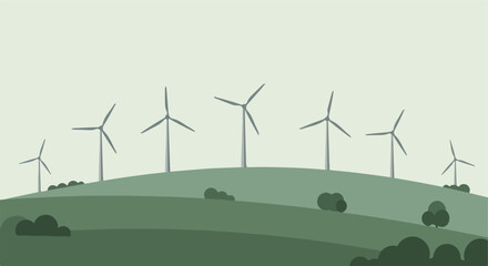 Fototapeta premium Windmills atop rolling green hills under a muted sky, simple, stylized artwork