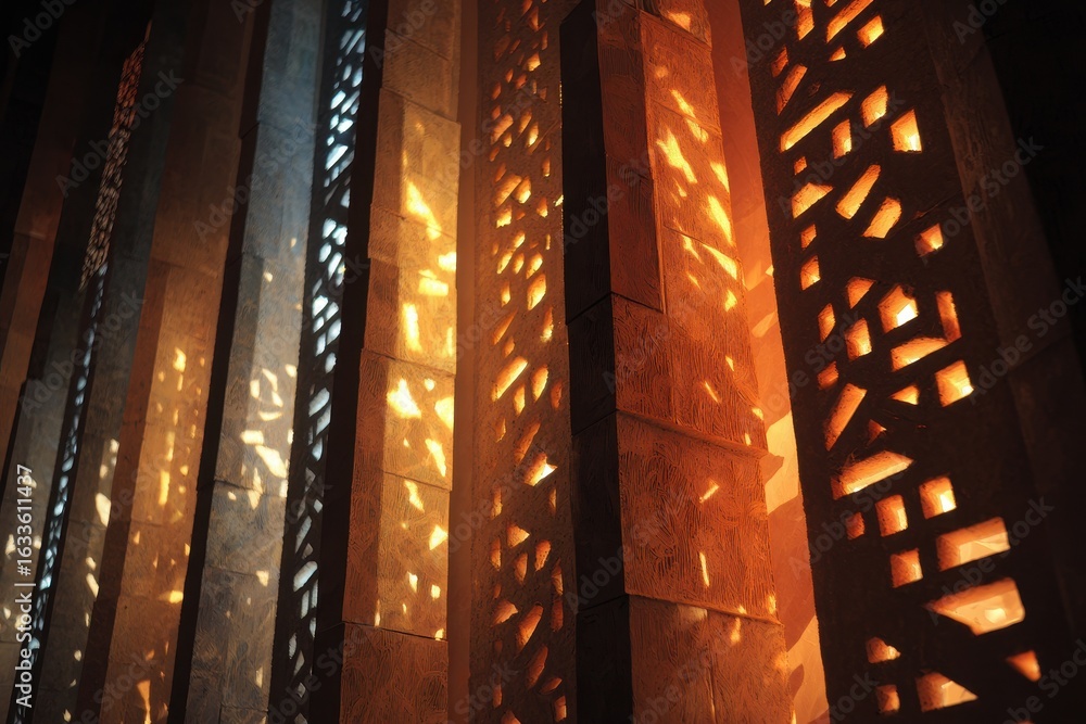 Poster patterns of ignition and fading in vibrant designs illuminate vertical structures in a dark setting,
