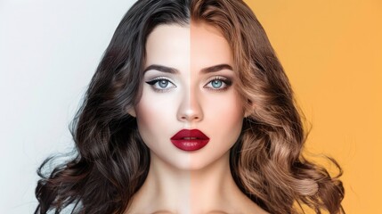 Fototapeta premium A young Caucasian woman with long, wavy brown hair and striking blue eyes. Half of her face is styled with bold makeup, while the other half is natural.