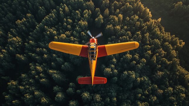 Small orange-red airplane above dense forest
