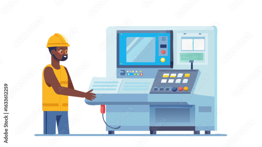 Poster industrial automation machine operator working with control panel interface in manufacturing environ