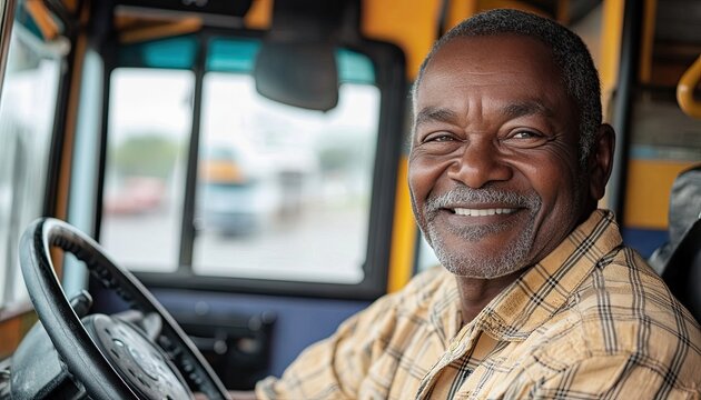 A man is smiling and driving a bus