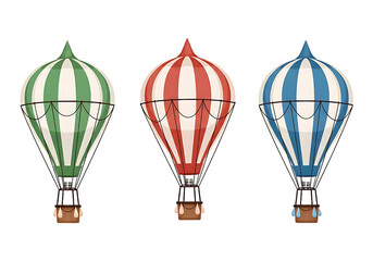 Obraz premium Three Vintage Striped Hot Air Balloons: Green, Red, and Blue; Cartoon Style; Whimsical, Uplifting Illustration.