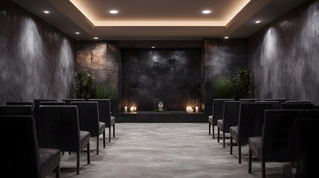 Solemn crematorium ceremony room prepared for a service