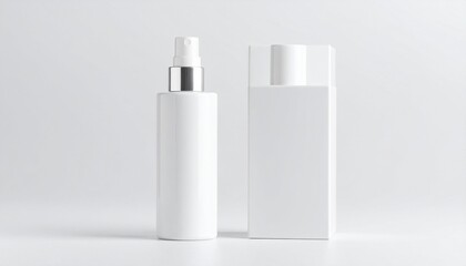 Minimalist White Cosmetic Duo: Sleek Spray and Square Bottles Mockup.